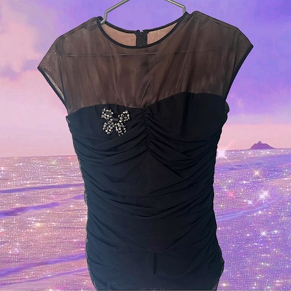Bcbg blouse mesh Rutched bow brooch sexy cute formal flattering dress up y2k